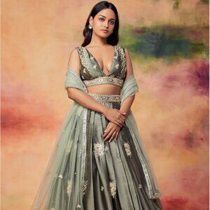 Dusty Olive Embroidered Satin Lehenga